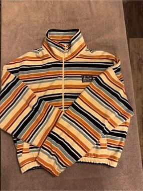 Roxy Striped Zip-Up Fleece Sweater - Yellow, Navy, Cream